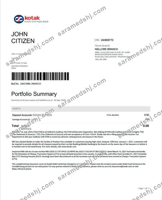 India Kotak Mahindra Bank account statement Word and PDF template